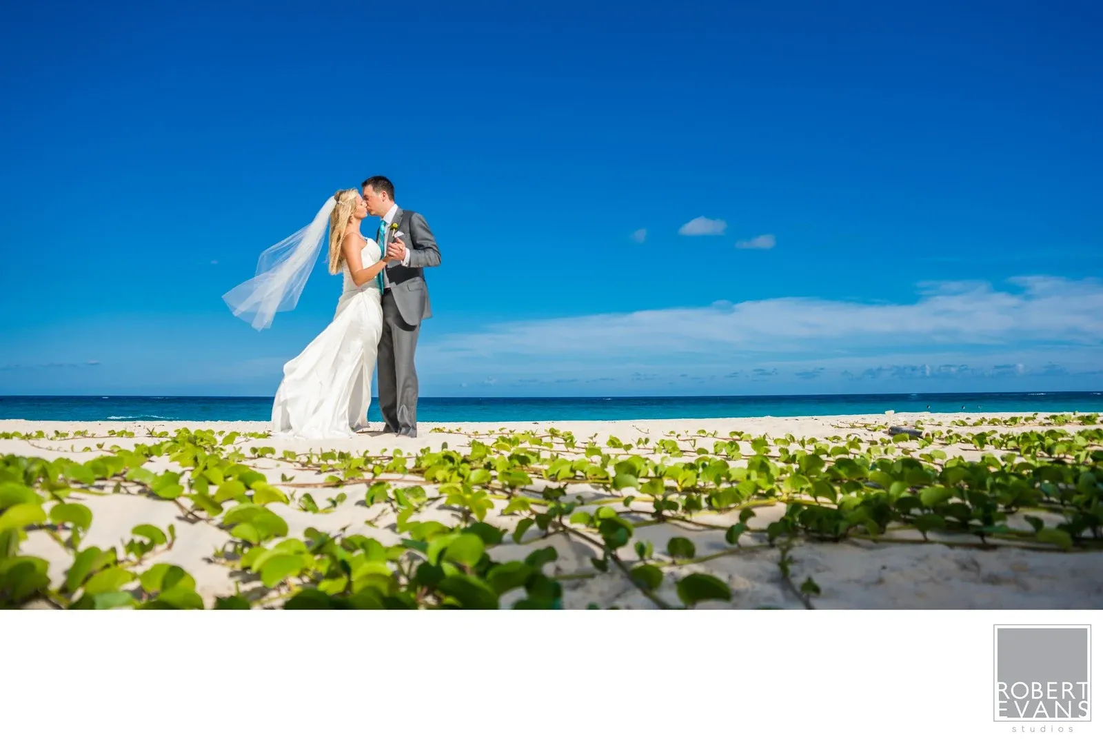 A Kiss on Elbow Beach, Bermuda. Newlyweds kissing beside the turquoise ocean